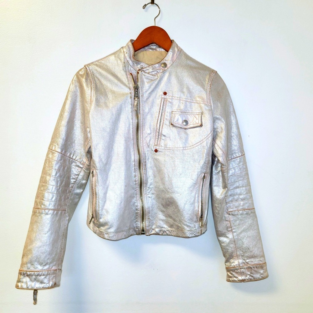 RA-RE Rag Recycle Metallic Silver Leather Motorcycle Cyber Jacket Y2K Italy M